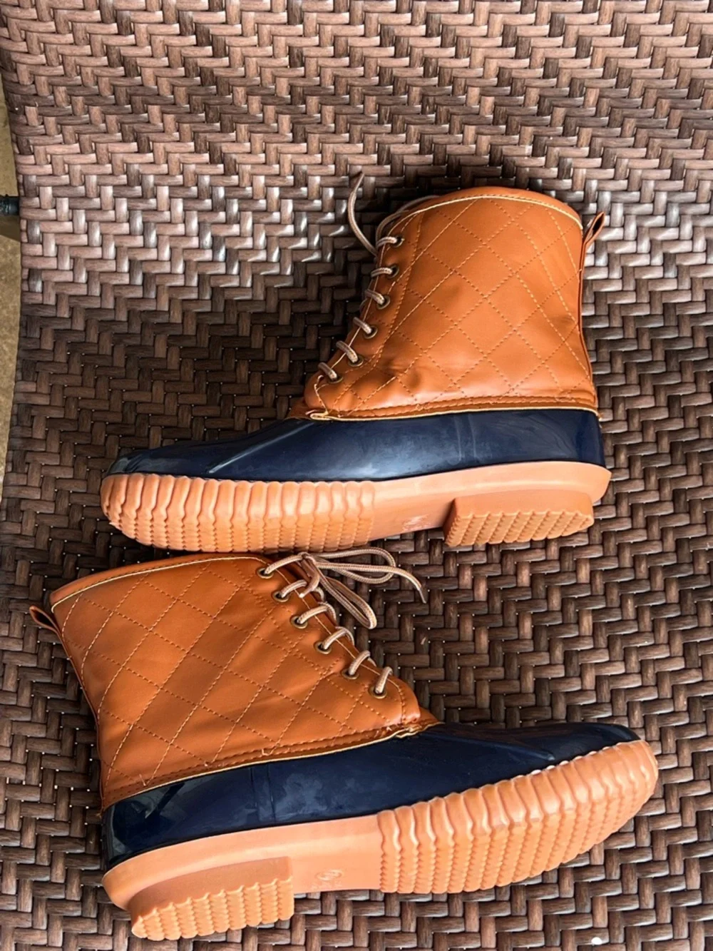 Quilted Winter Rubber Duck Boots Navy Tan Waterproof Flannel Lined Insulated 10